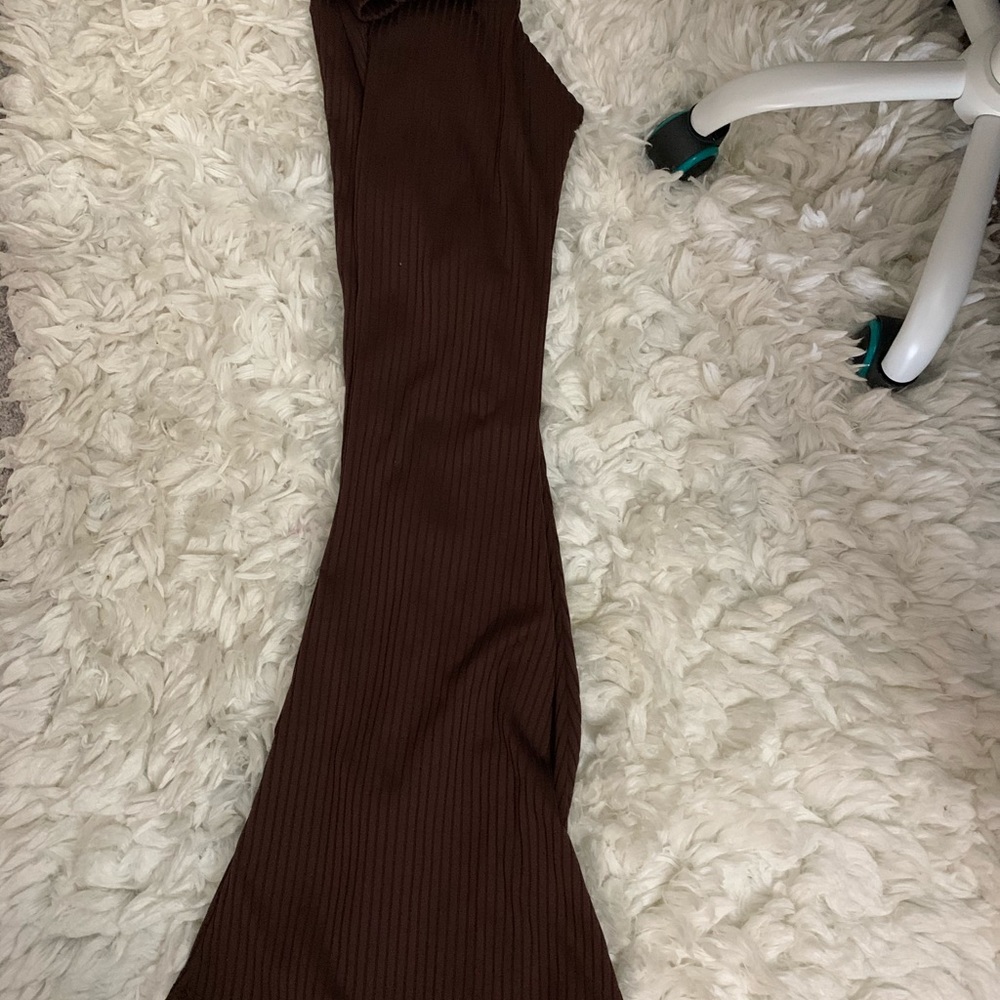 High waisted brown stretch wide leg pants